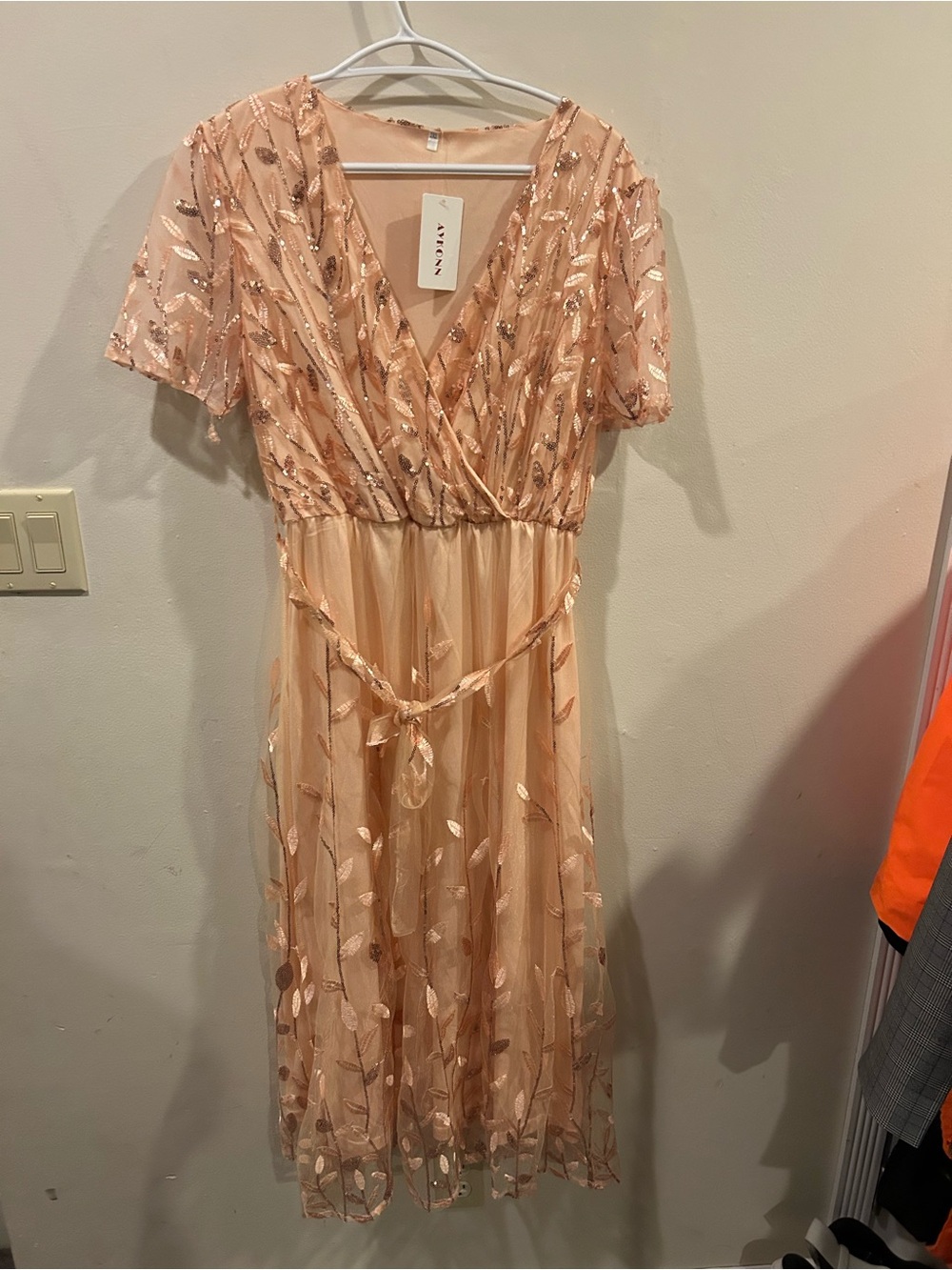 Peach Sequin Leaf Wrap Midi Dress with Tie Waist